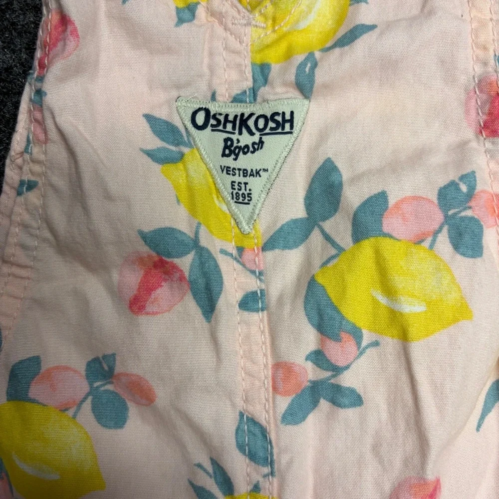 OshKosh Bgosh Toddler Girls 4T Pink Lemon Peach Fruit Print Vestbak Shortalls